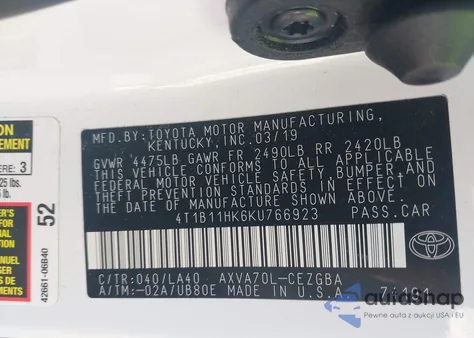 2019 Toyota Camry Xle from USA, damaged, VIN 4T1B11HK6KU766923